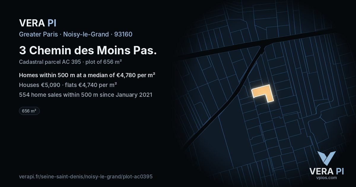 3 Chemin des Moins Pas, Noisy-le-Grand at night – the plot lit, the parcels around coloured by the prices near them