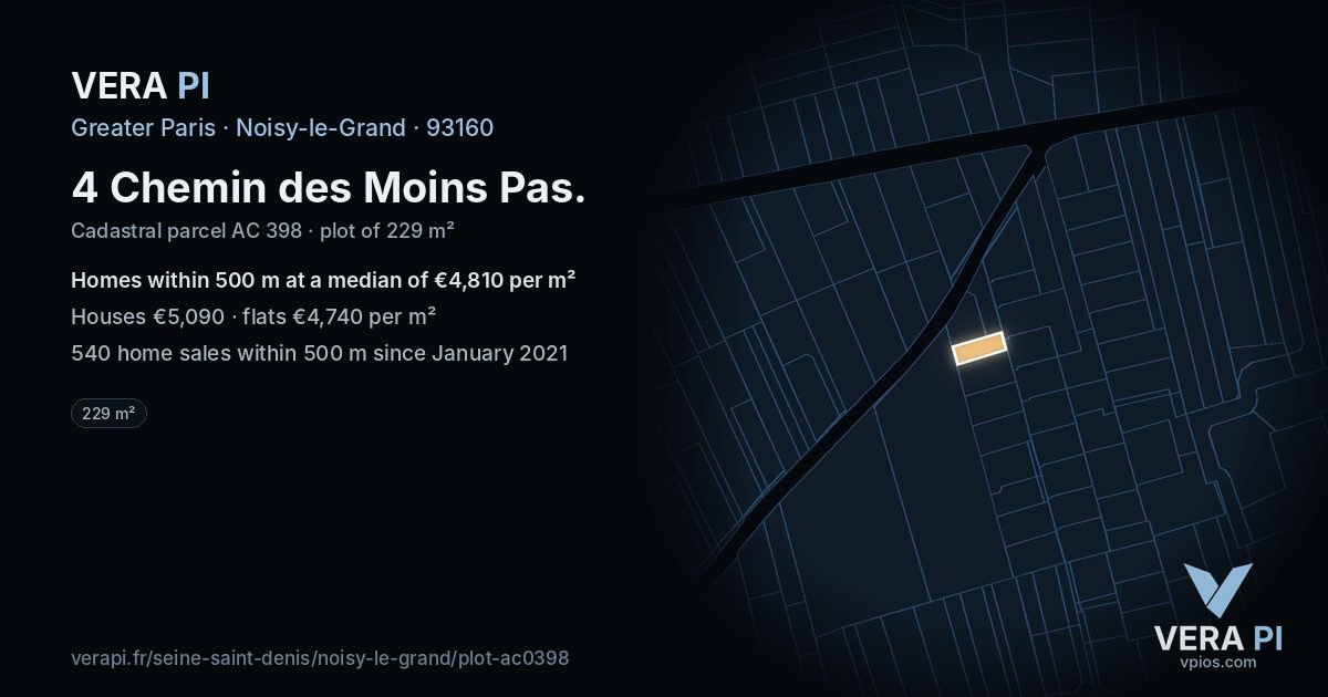 4 Chemin des Moins Pas, Noisy-le-Grand at night – the plot lit, the parcels around coloured by the prices near them