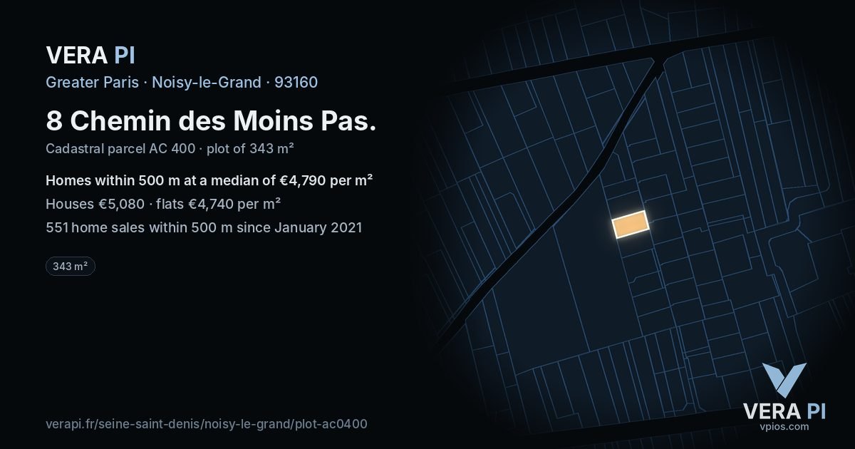 8 Chemin des Moins Pas, Noisy-le-Grand at night – the plot lit, the parcels around coloured by the prices near them