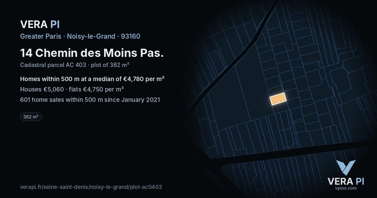 14 Chemin des Moins Pas, Noisy-le-Grand at night – the plot lit, the parcels around coloured by the prices near them