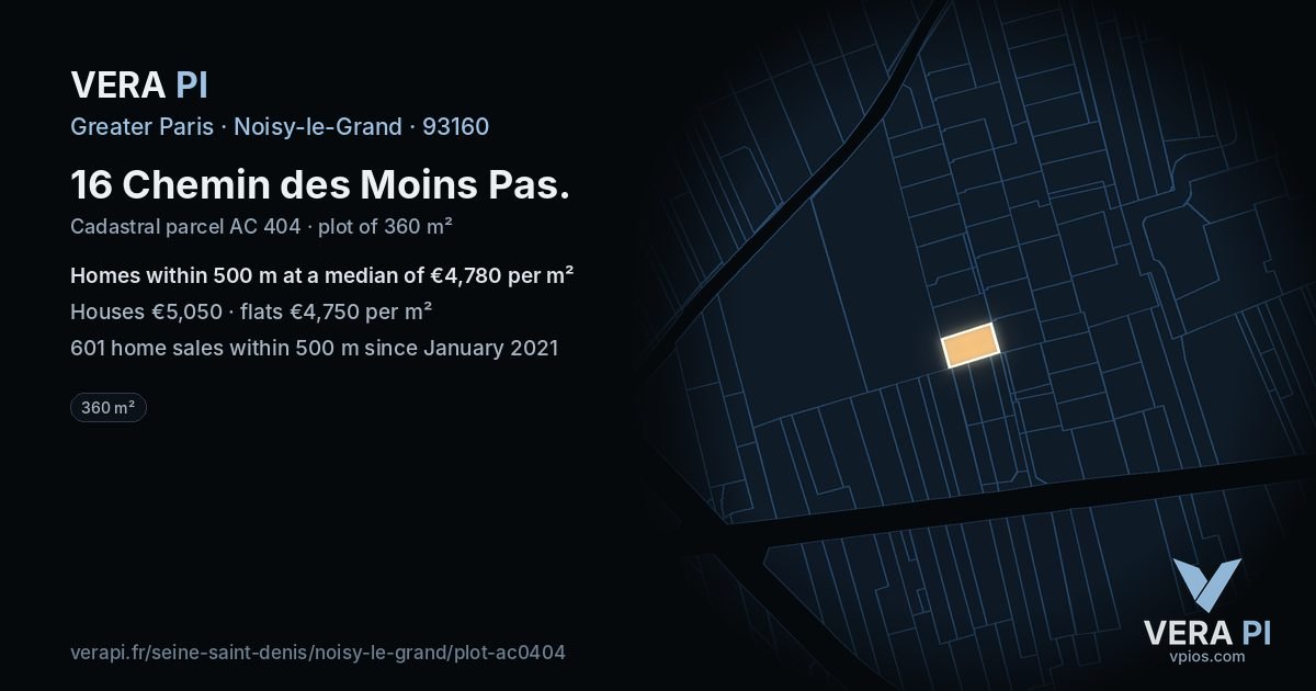 16 Chemin des Moins Pas, Noisy-le-Grand at night – the plot lit, the parcels around coloured by the prices near them