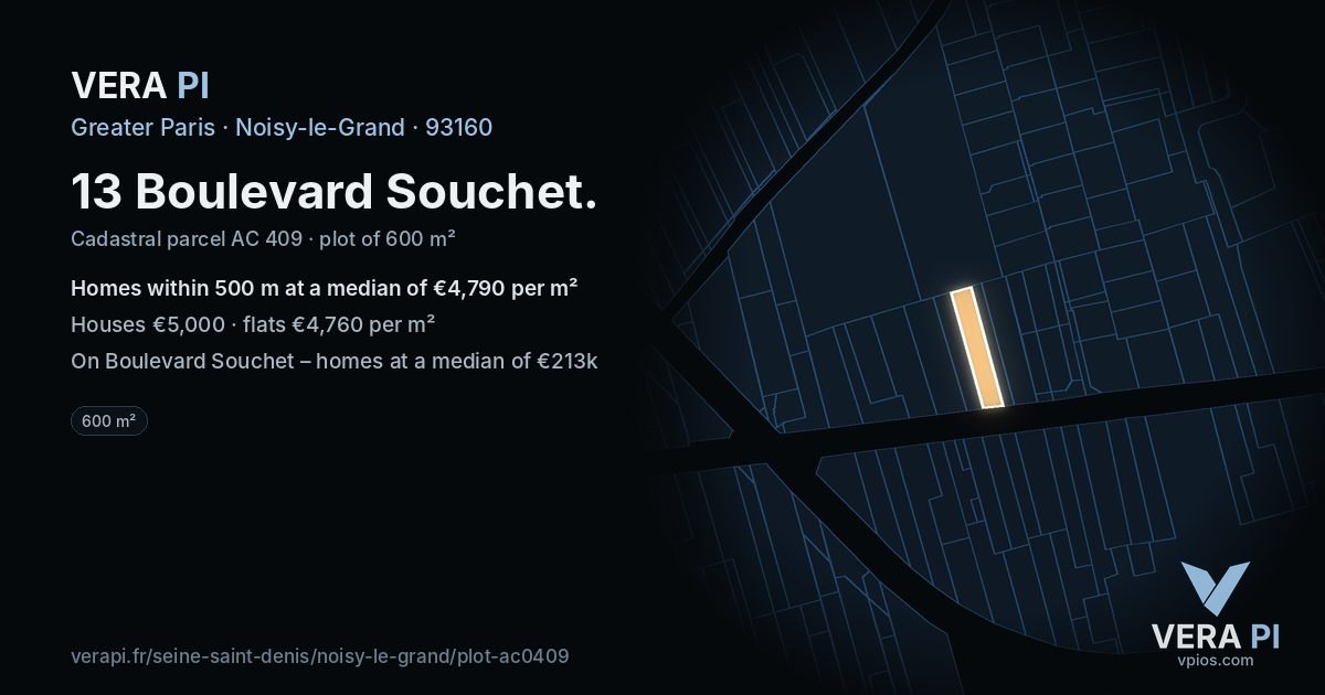 13 Boulevard Souchet, Noisy-le-Grand at night – the plot lit, the parcels around coloured by the prices near them