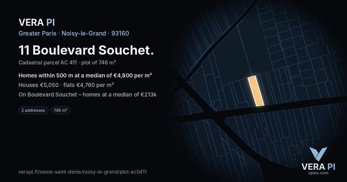 11 Boulevard Souchet, Noisy-le-Grand at night – the plot lit, the parcels around coloured by the prices near them
