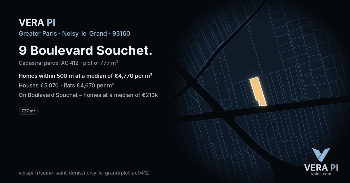 9 Boulevard Souchet, Noisy-le-Grand at night – the plot lit, the parcels around coloured by the prices near them