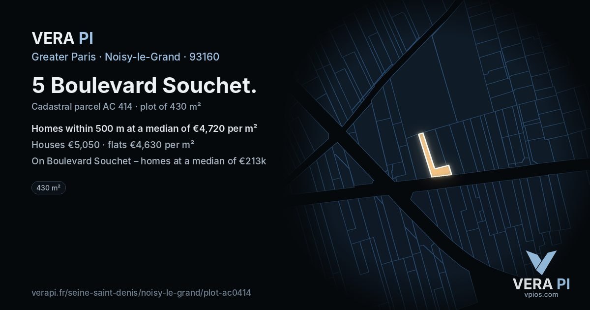 5 Boulevard Souchet, Noisy-le-Grand at night – the plot lit, the parcels around coloured by the prices near them
