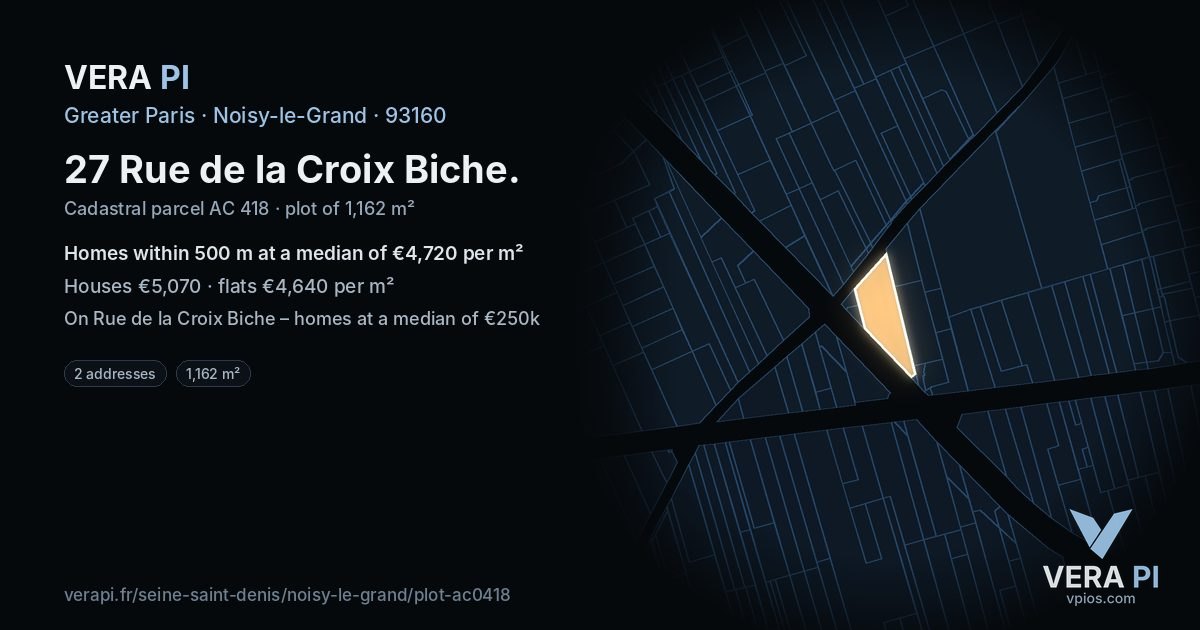 27 Rue de la Croix Biche, Noisy-le-Grand at night – the plot lit, the parcels around coloured by the prices near them