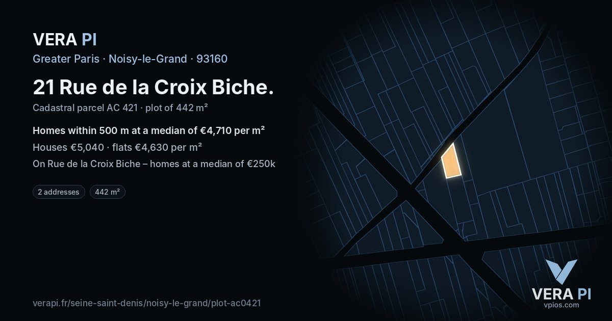 21 Rue de la Croix Biche, Noisy-le-Grand at night – the plot lit, the parcels around coloured by the prices near them