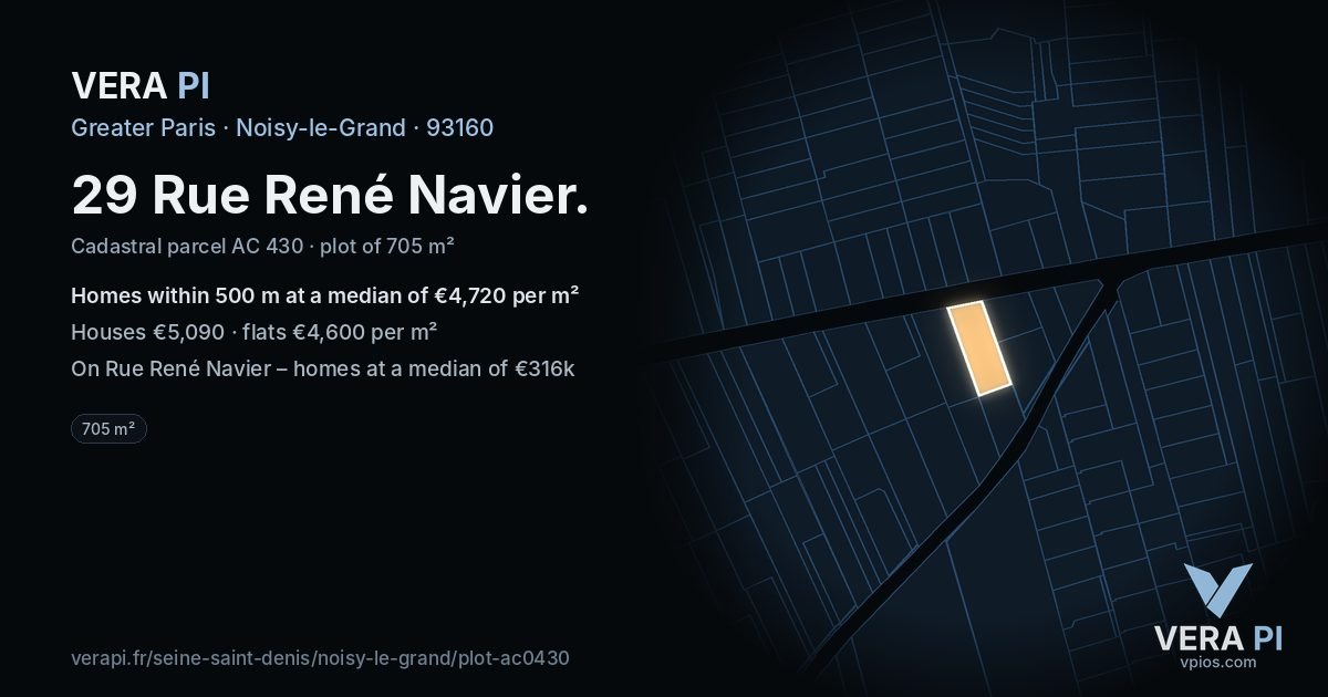 29 Rue René Navier, Noisy-le-Grand at night – the plot lit, the parcels around coloured by the prices near them