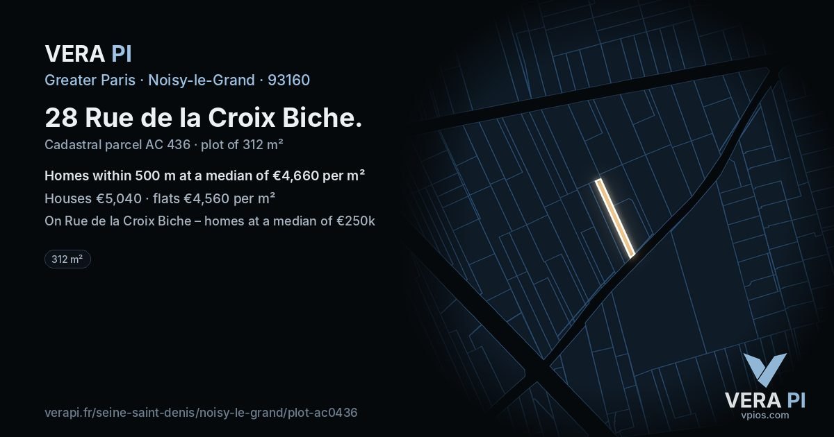 28 Rue de la Croix Biche, Noisy-le-Grand at night – the plot lit, the parcels around coloured by the prices near them