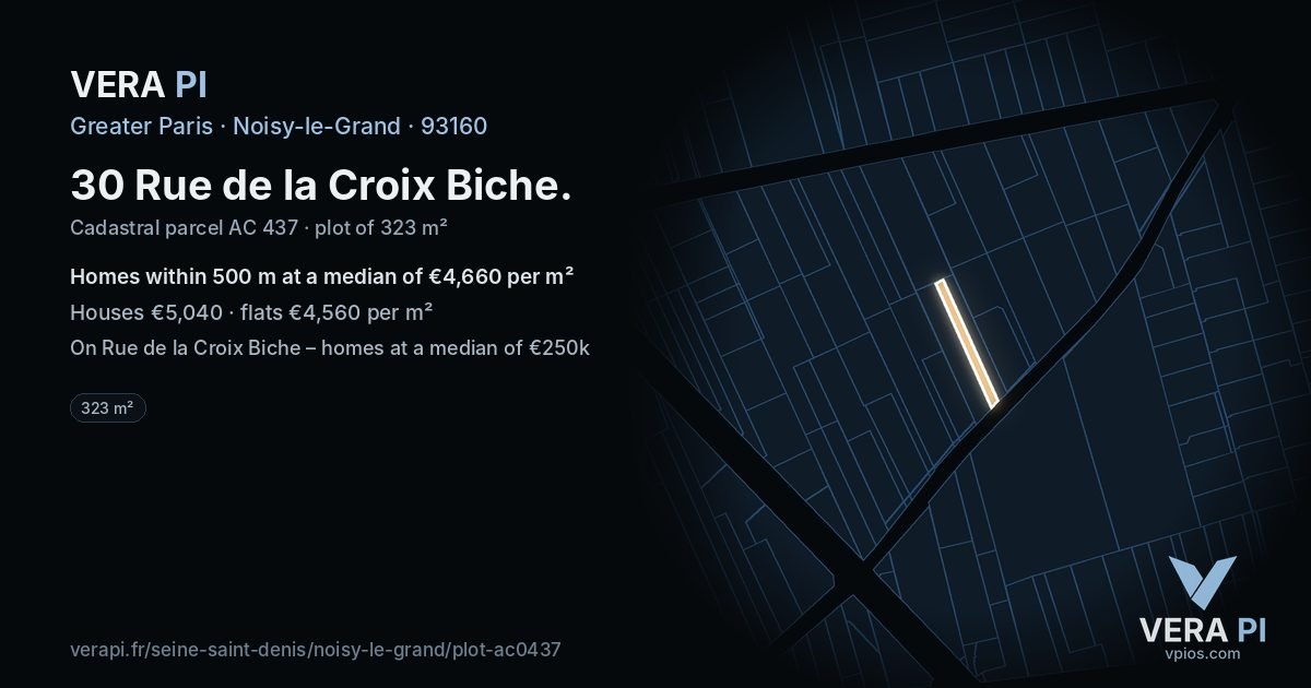 30 Rue de la Croix Biche, Noisy-le-Grand at night – the plot lit, the parcels around coloured by the prices near them