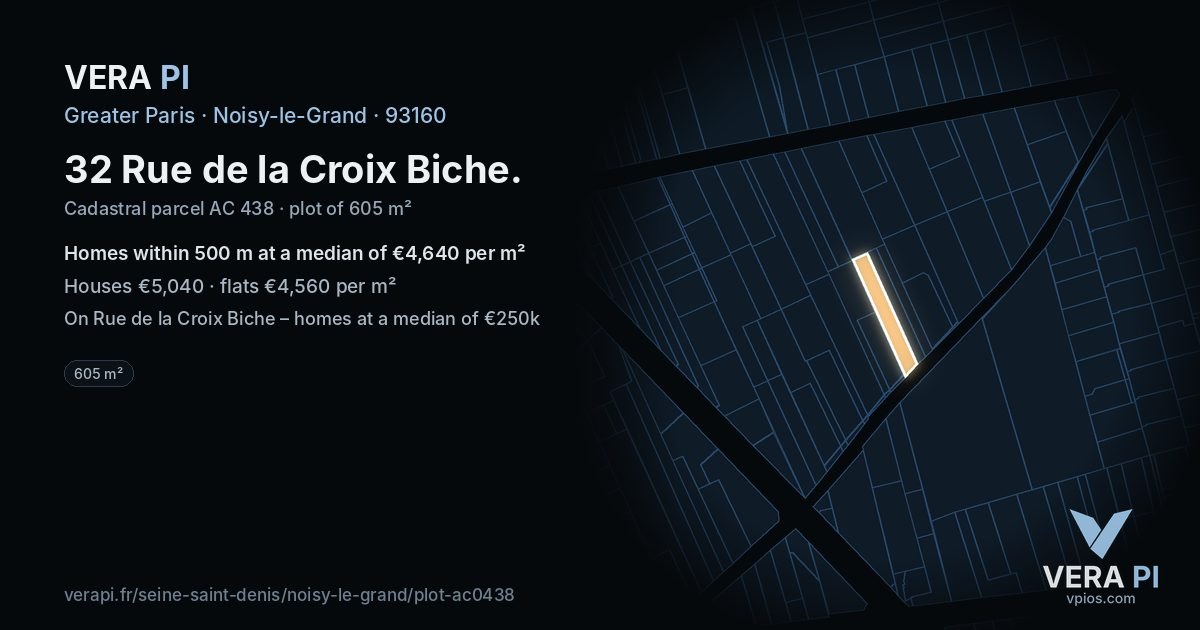 32 Rue de la Croix Biche, Noisy-le-Grand at night – the plot lit, the parcels around coloured by the prices near them