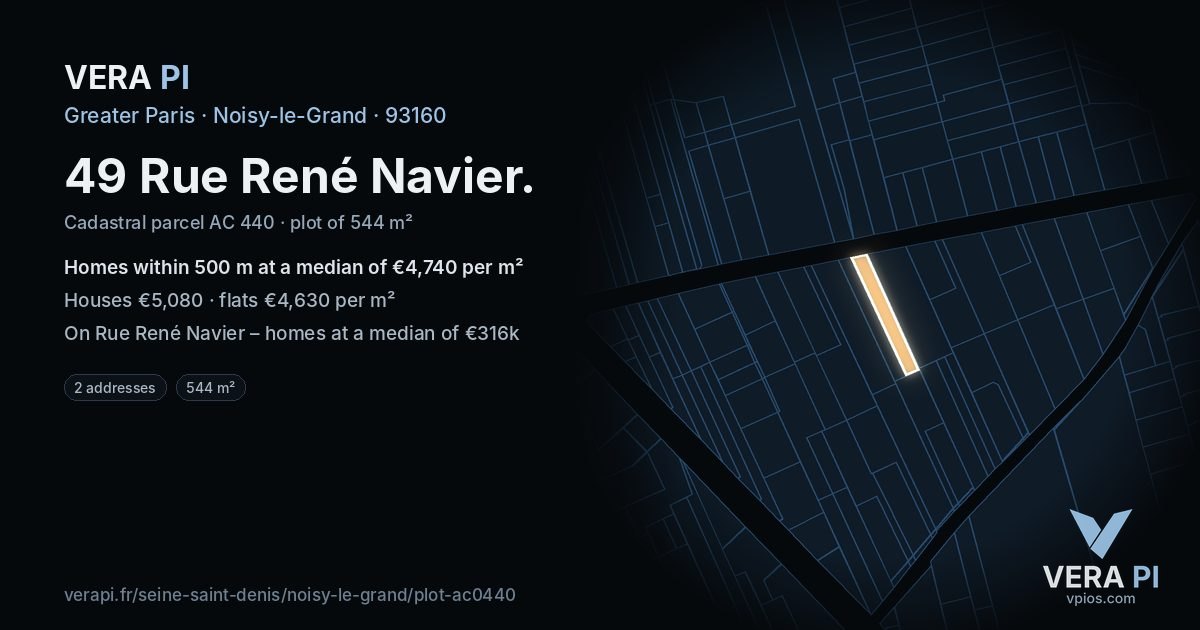 49 Rue René Navier, Noisy-le-Grand at night – the plot lit, the parcels around coloured by the prices near them