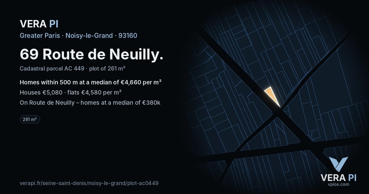 69 Route de Neuilly, Noisy-le-Grand at night – the plot lit, the parcels around coloured by the prices near them