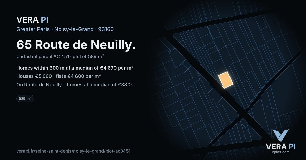 65 Route de Neuilly, Noisy-le-Grand at night – the plot lit, the parcels around coloured by the prices near them