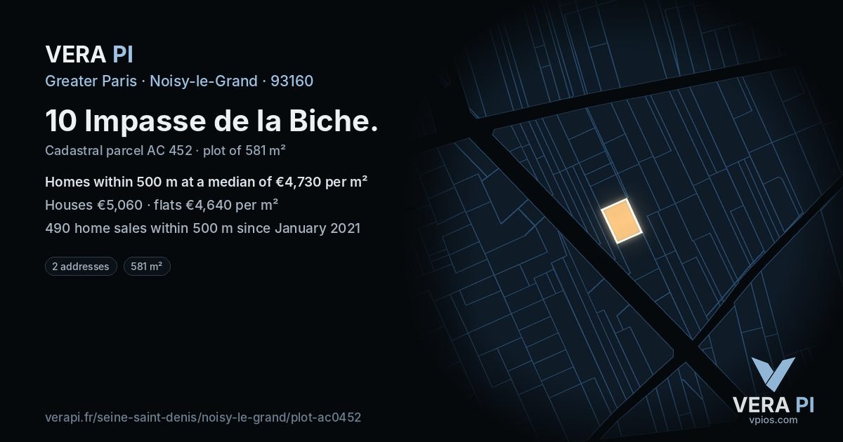 10 Impasse de la Biche, Noisy-le-Grand at night – the plot lit, the parcels around coloured by the prices near them