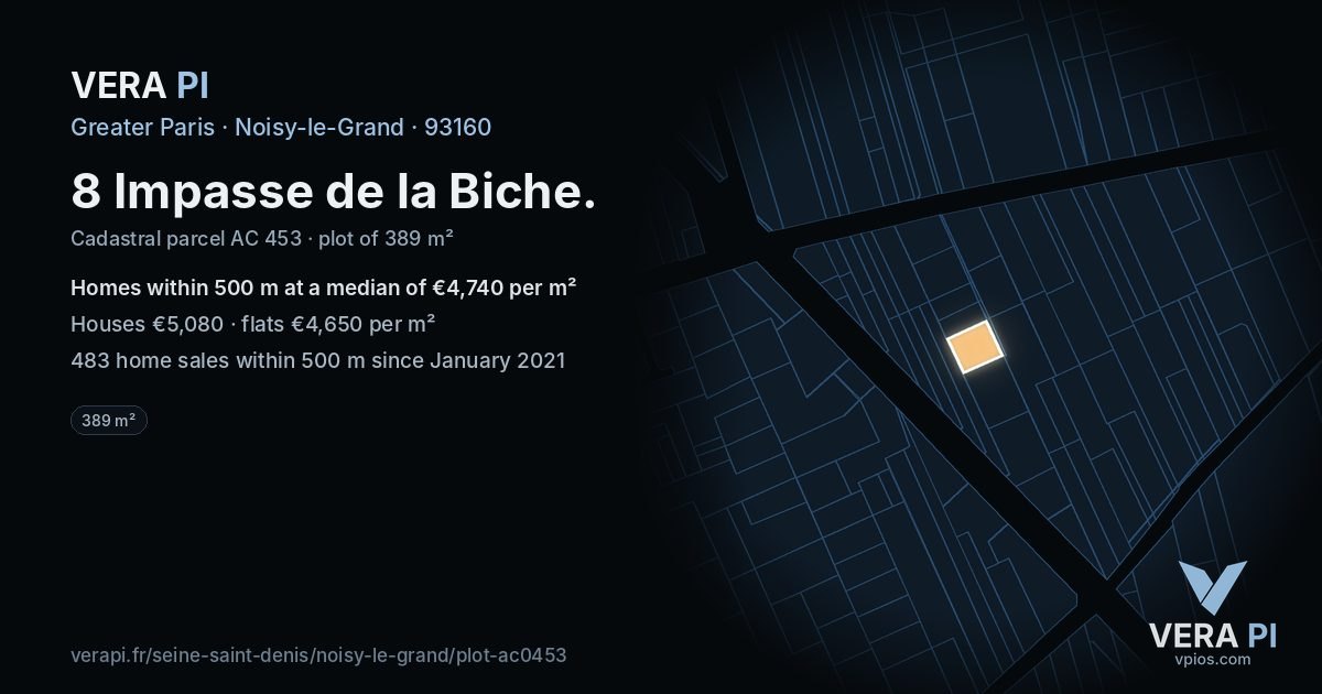 8 Impasse de la Biche, Noisy-le-Grand at night – the plot lit, the parcels around coloured by the prices near them