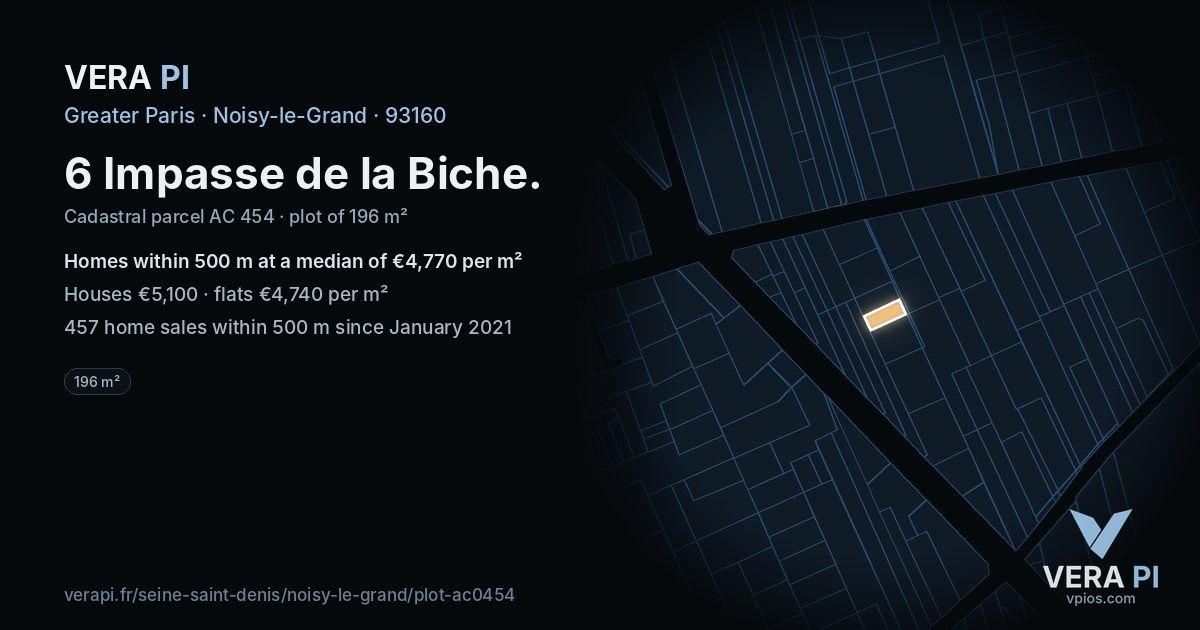 6 Impasse de la Biche, Noisy-le-Grand at night – the plot lit, the parcels around coloured by the prices near them