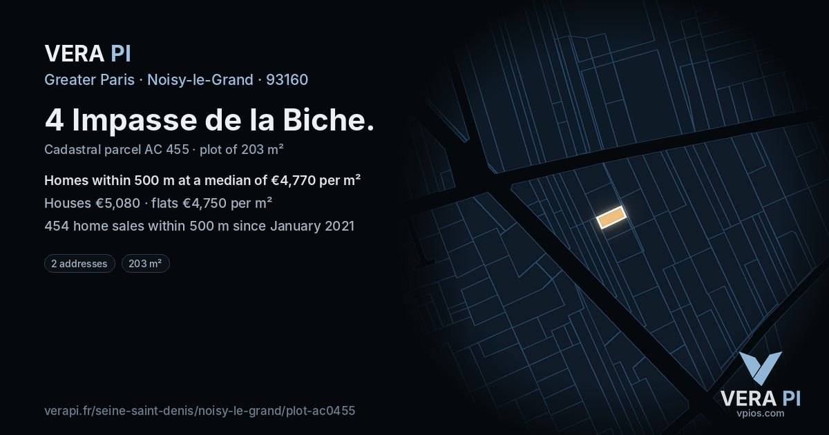 4 Impasse de la Biche, Noisy-le-Grand at night – the plot lit, the parcels around coloured by the prices near them