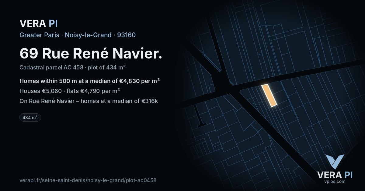 69 Rue René Navier, Noisy-le-Grand at night – the plot lit, the parcels around coloured by the prices near them