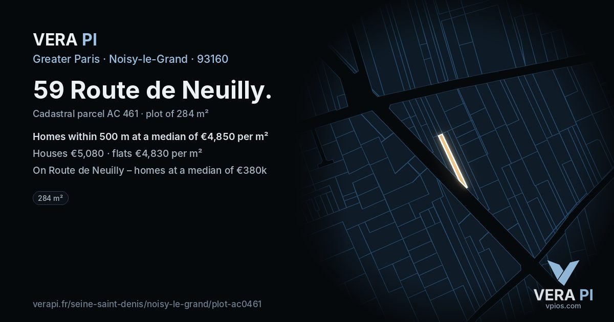 59 Route de Neuilly, Noisy-le-Grand at night – the plot lit, the parcels around coloured by the prices near them