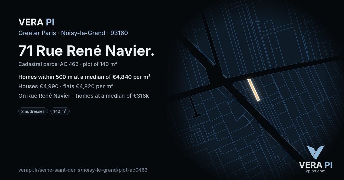 71 Rue René Navier, Noisy-le-Grand at night – the plot lit, the parcels around coloured by the prices near them