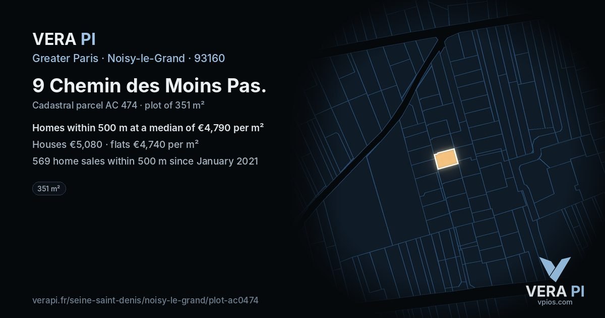9 Chemin des Moins Pas, Noisy-le-Grand at night – the plot lit, the parcels around coloured by the prices near them