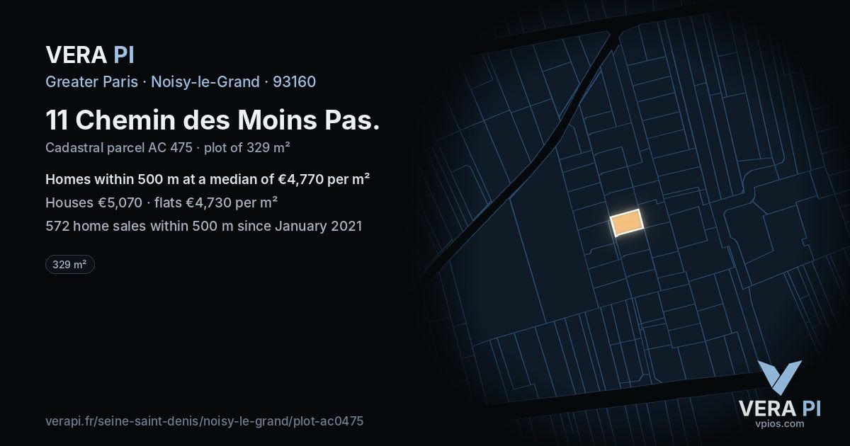 11 Chemin des Moins Pas, Noisy-le-Grand at night – the plot lit, the parcels around coloured by the prices near them