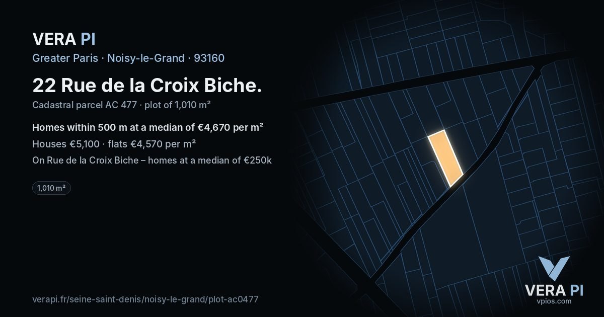 22 Rue de la Croix Biche, Noisy-le-Grand at night – the plot lit, the parcels around coloured by the prices near them