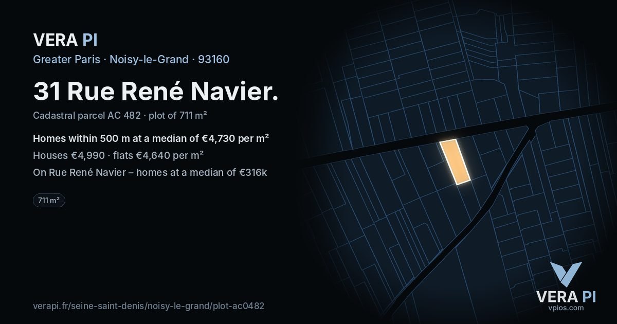 31 Rue René Navier, Noisy-le-Grand at night – the plot lit, the parcels around coloured by the prices near them