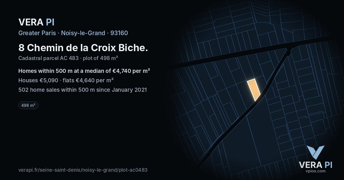 8 Chemin de la Croix Biche, Noisy-le-Grand at night – the plot lit, the parcels around coloured by the prices near them