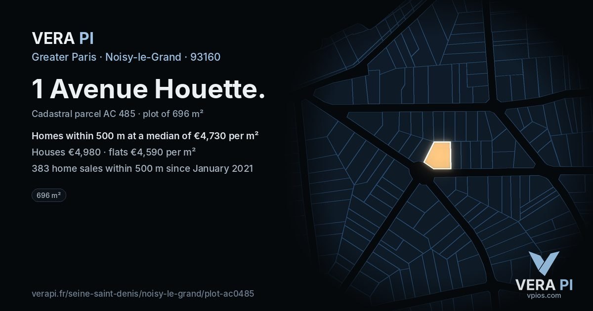 1 Avenue Houette, Noisy-le-Grand at night – the plot lit, the parcels around coloured by the prices near them