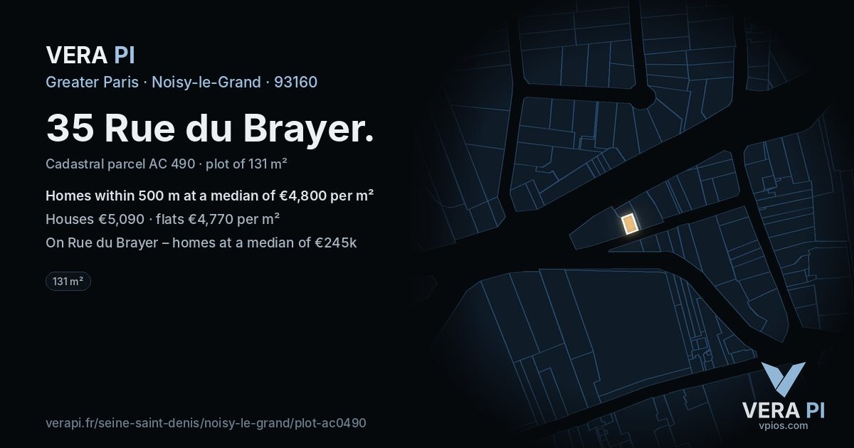 35 Rue du Brayer, Noisy-le-Grand at night – the plot lit, the parcels around coloured by the prices near them