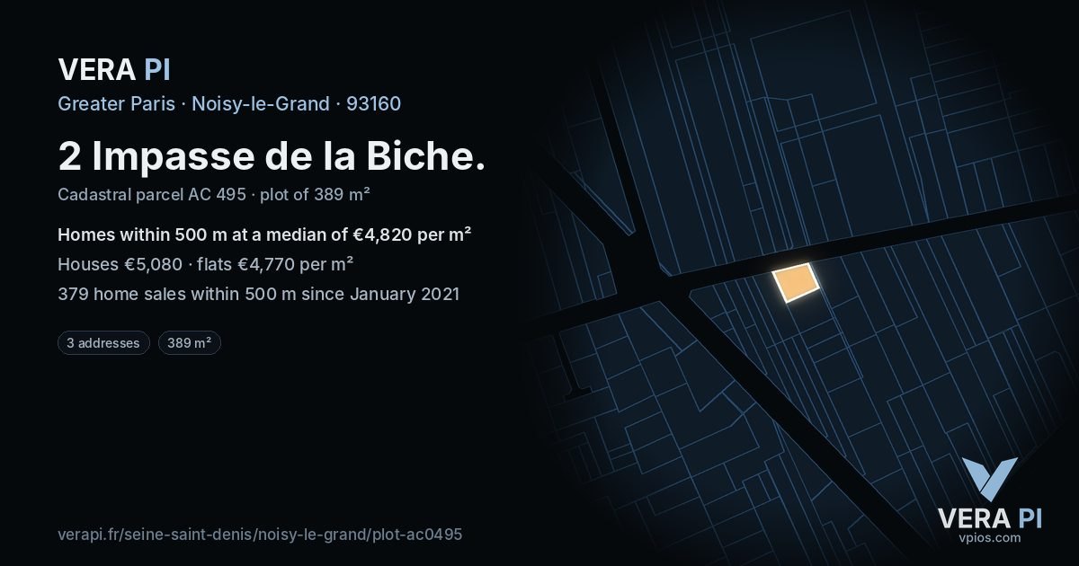 2 Impasse de la Biche, Noisy-le-Grand at night – the plot lit, the parcels around coloured by the prices near them