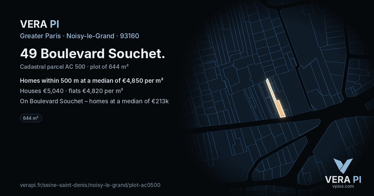 49 Boulevard Souchet, Noisy-le-Grand at night – the plot lit, the parcels around coloured by the prices near them