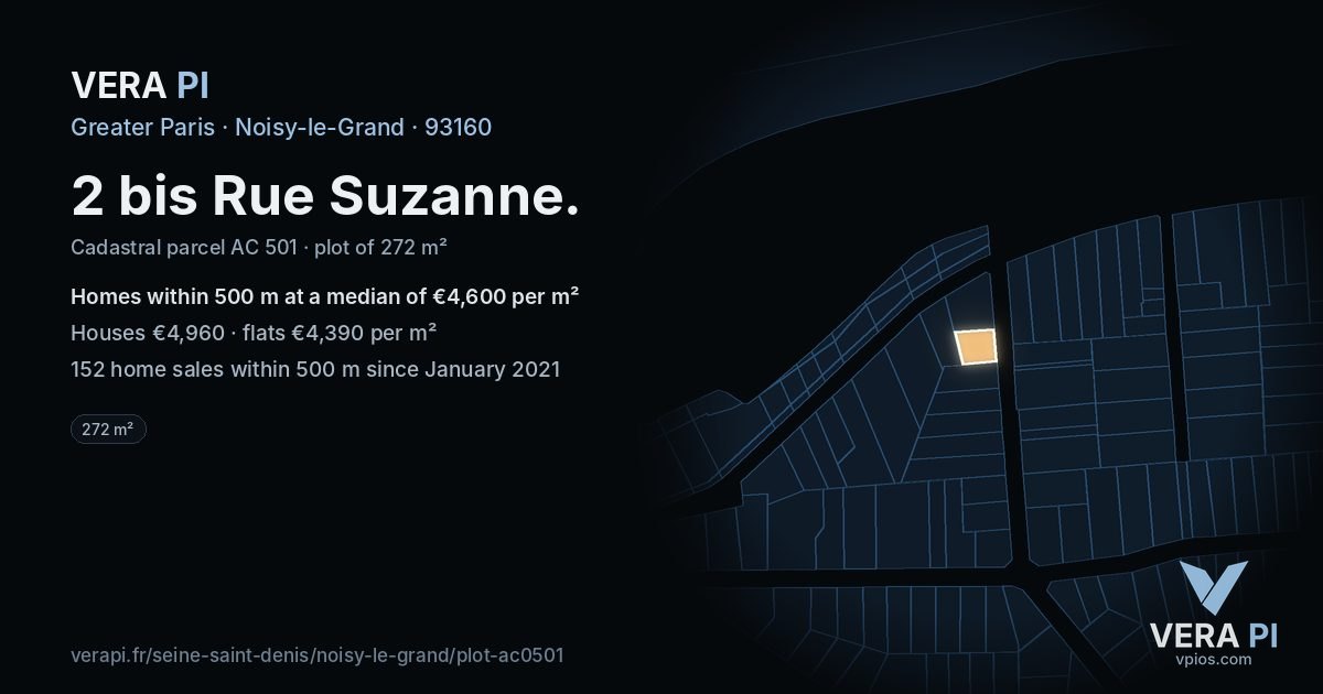 2 bis Rue Suzanne, Noisy-le-Grand at night – the plot lit, the parcels around coloured by the prices near them