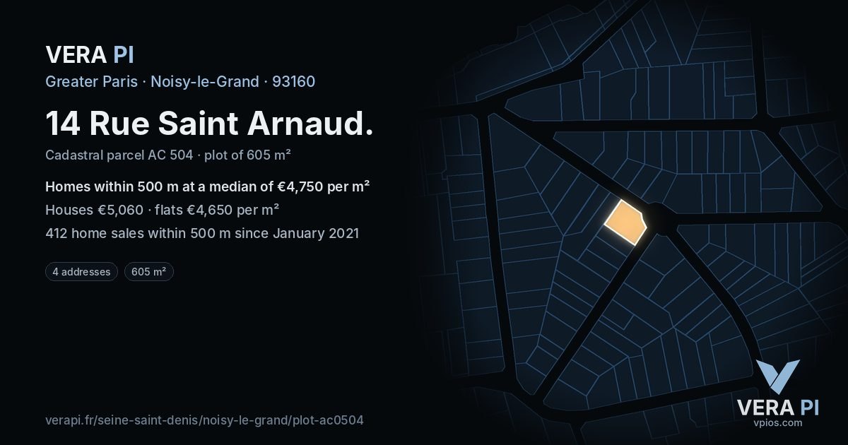14 Rue Saint Arnaud, Noisy-le-Grand at night – the plot lit, the parcels around coloured by the prices near them