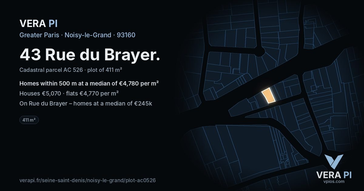 43 Rue du Brayer, Noisy-le-Grand at night – the plot lit, the parcels around coloured by the prices near them