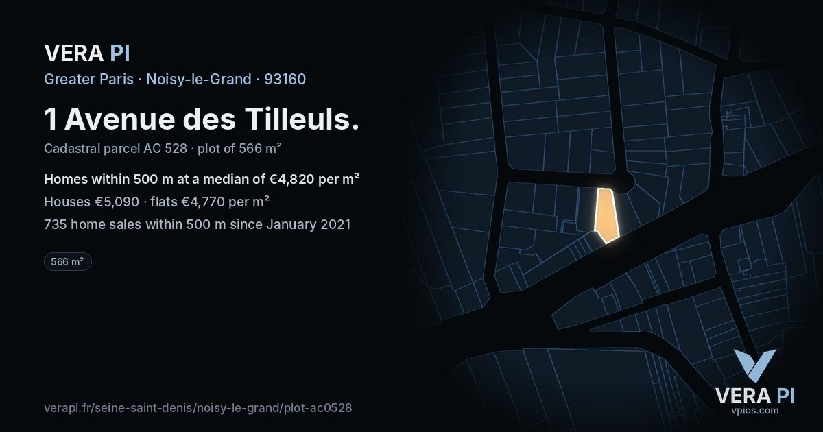 1 Avenue des Tilleuls, Noisy-le-Grand at night – the plot lit, the parcels around coloured by the prices near them