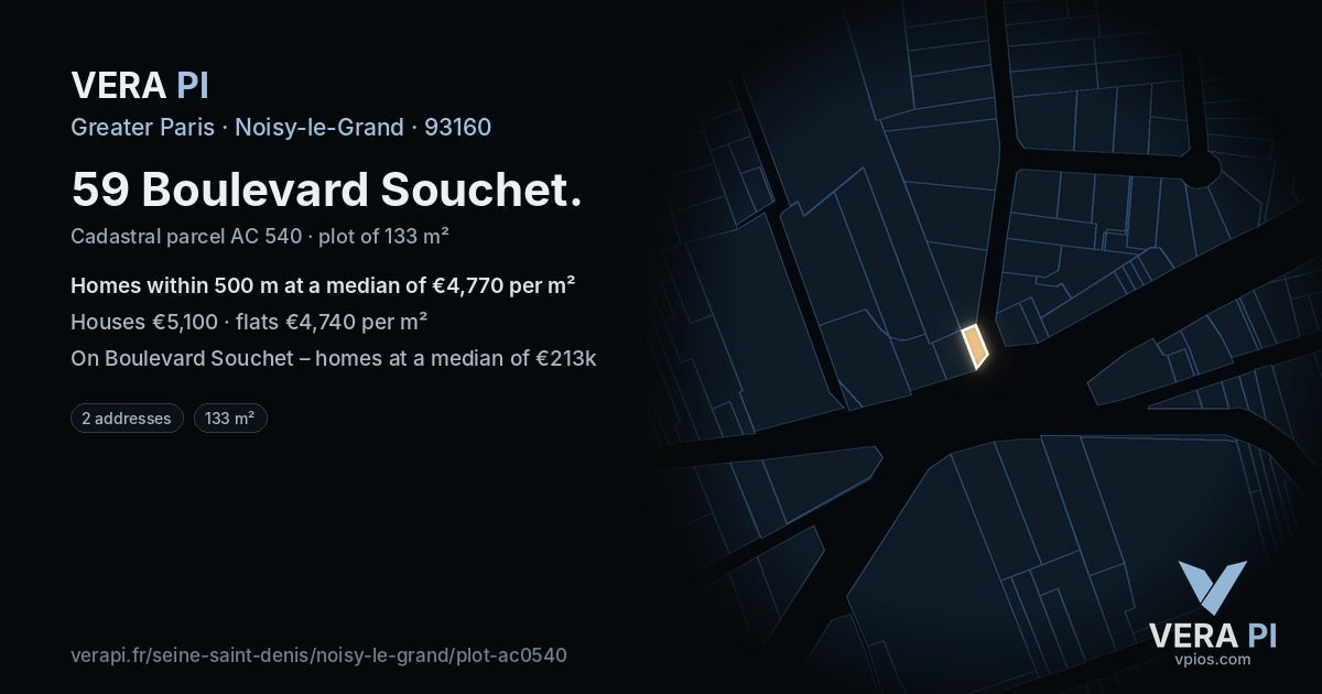59 Boulevard Souchet, Noisy-le-Grand at night – the plot lit, the parcels around coloured by the prices near them