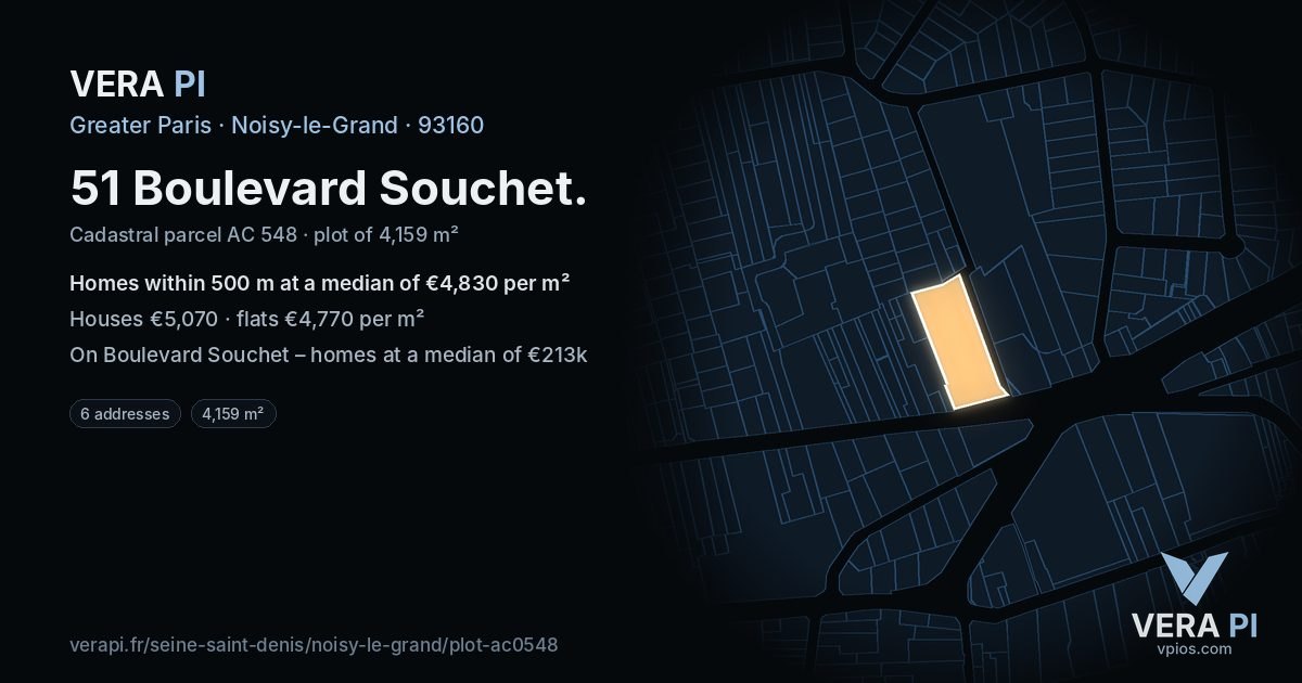 51 Boulevard Souchet, Noisy-le-Grand at night – the plot lit, the parcels around coloured by the prices near them