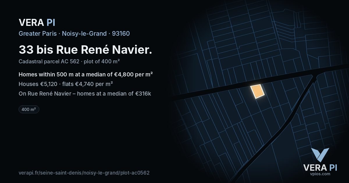 33 bis Rue René Navier, Noisy-le-Grand at night – the plot lit, the parcels around coloured by the prices near them
