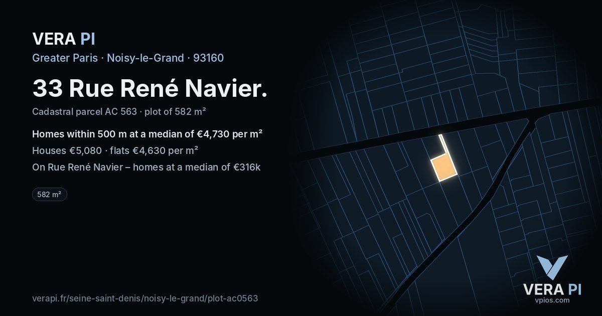33 Rue René Navier, Noisy-le-Grand at night – the plot lit, the parcels around coloured by the prices near them