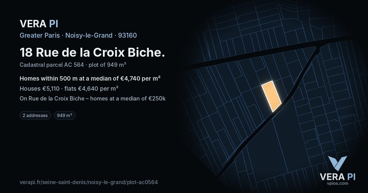 18 Rue de la Croix Biche, Noisy-le-Grand at night – the plot lit, the parcels around coloured by the prices near them
