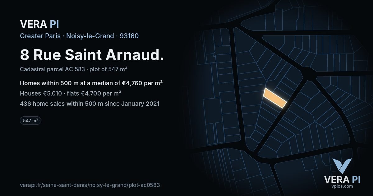 8 Rue Saint Arnaud, Noisy-le-Grand at night – the plot lit, the parcels around coloured by the prices near them