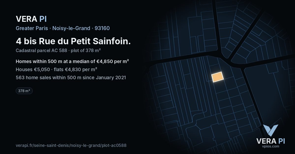 4 bis Rue du Petit Sainfoin, Noisy-le-Grand at night – the plot lit, the parcels around coloured by the prices near them