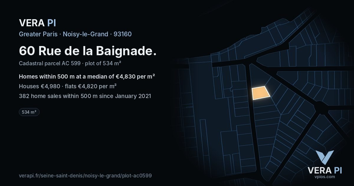 60 Rue de la Baignade, Noisy-le-Grand at night – the plot lit, the parcels around coloured by the prices near them
