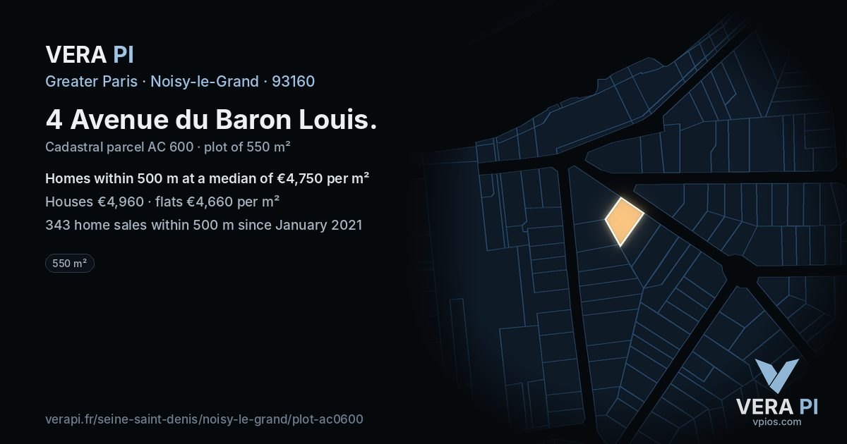 4 Avenue du Baron Louis, Noisy-le-Grand at night – the plot lit, the parcels around coloured by the prices near them