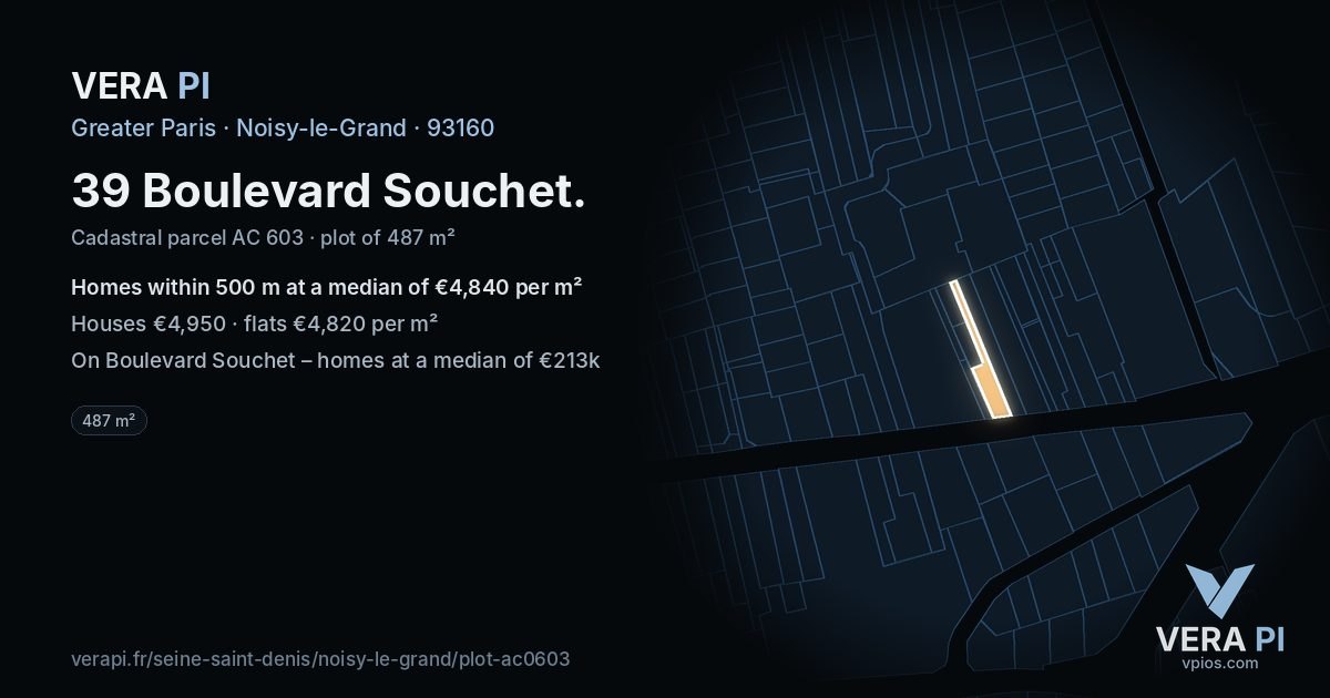 39 Boulevard Souchet, Noisy-le-Grand at night – the plot lit, the parcels around coloured by the prices near them