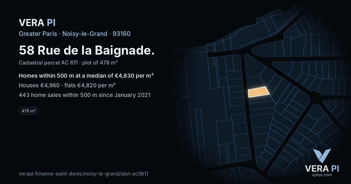 58 Rue de la Baignade, Noisy-le-Grand at night – the plot lit, the parcels around coloured by the prices near them