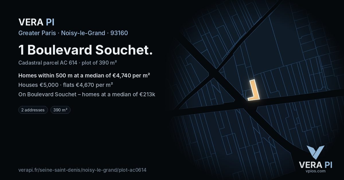 1 Boulevard Souchet, Noisy-le-Grand at night – the plot lit, the parcels around coloured by the prices near them
